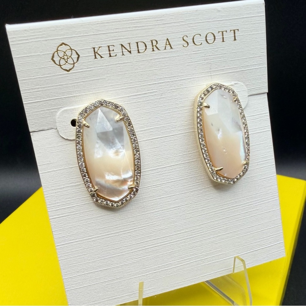 Kendra Scott Elsie Lux Earrings Ivory MOP Gold Crystal Halo Statement Earrings - Picture 4 of 9